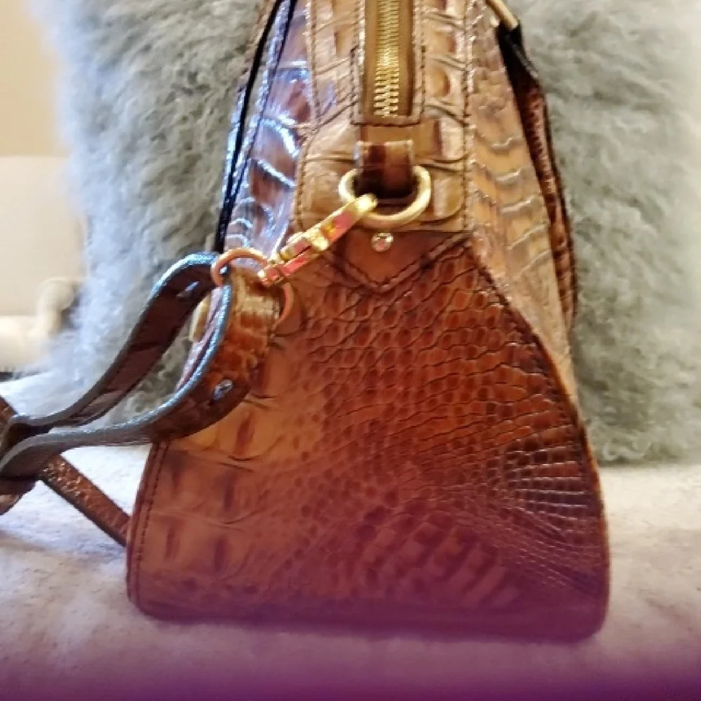 Brahmin Croc-Embossed Satchel in Warm Brown